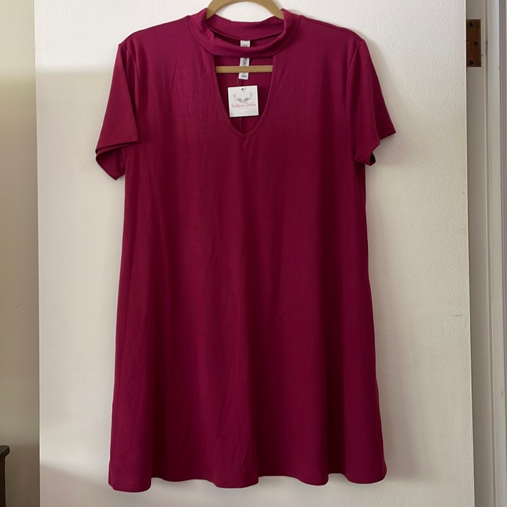NWT Zenana Premium Large Raspberry Red Short Sleeve T-Shirt Dress